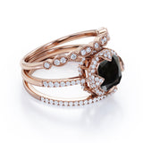 Bestselling 2 Carat Cushion cut Lab Black Diamond Halo Trio Wedding Bridal Ring Set in Rose Gold