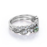 Antique Solitaire 1.25 Carat Round Cut Milky White Druzy Moss Green Agate with Diamond Marquise Dot Art Deco Band Wedding Ring Sets