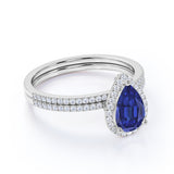 1.5 Carat Pear Cut Sapphire and Diamond Wedding Ring Set in 10k White Gold for Modern Brides