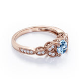 Floral Pattern 1.35 Carat Round Cut Aquamarine And Diamond Beaded Art Deco Engagement Ring In Rose Gold
