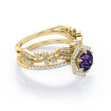 Antique Halo Hexagon 2 Carat Round Cut Lab Created Purple Alexandrite and Diamond Milgrain Pave Wedding Ring Sets - Bridal Set Rings in White Gold for Women