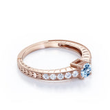 1.10 Carat Round Cut Aquamarine And Diamond Antique Engagement Ring In White Gold