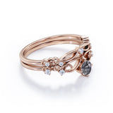 Dainty Filigree 0.65 Carat Round Cut Druzy Black Rutilated Quartz and Diamond Contour Solitaire Wedding Set Rings