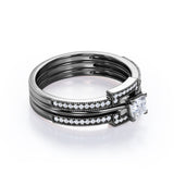 Bead décor 1 carat Square Moissanite and Diamond Solitaire Trio Wedding Ring Set For Her in White Gold