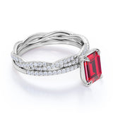 Classic Micro Pave Set 1.50 Carat Emerald Cut Lab Ruby and Diamond Infinity Wedding Ring Set in White Gold