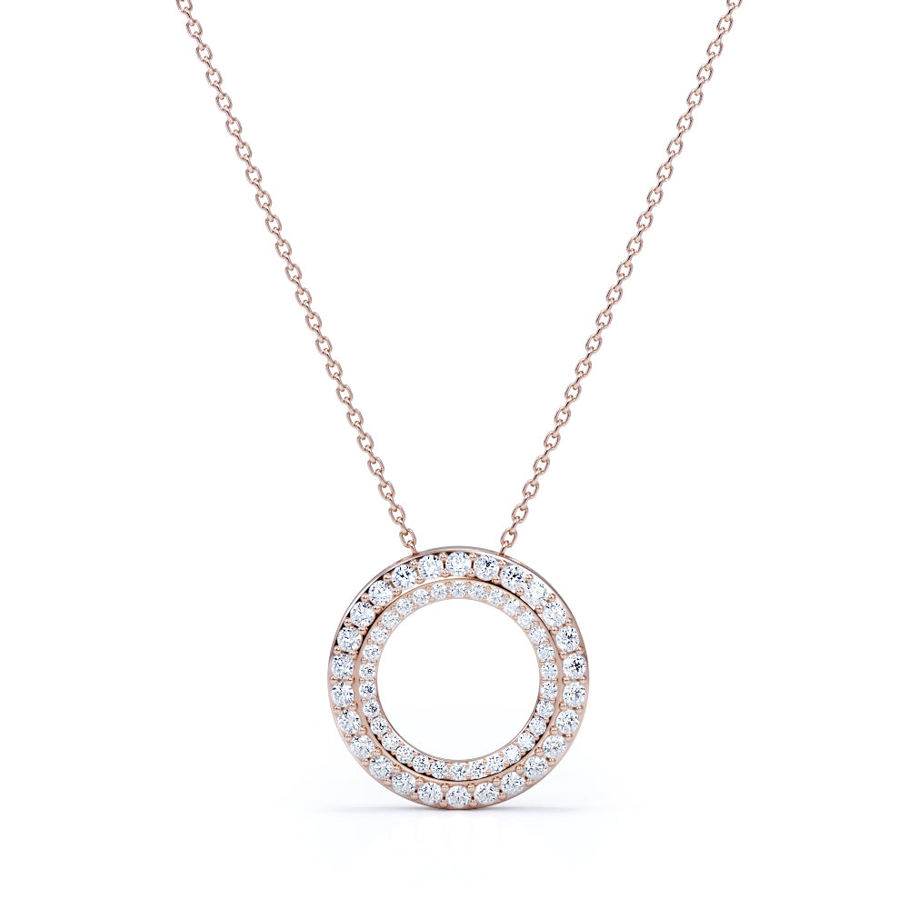 Pave 0.50 Carat Round Cut Moissanite Double Circle Pendant Necklace In White Gold