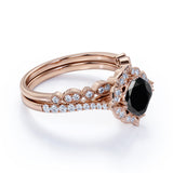 1.75 Carat Cushion cut Lab Black Diamond Bridal Set with semi eternity wedding band in Rose Gold