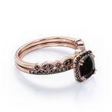 Pave-Accented Halo 1.6 TCW Cushion Cut Lab Created Black Diamond Milgrain Filigree Wedding Ring Set in White Gold