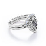 Starburst Filigree 0.65 Carat Round Cut Druzy Black Rutilated Quartz and Diamond Curved Pave Wedding Set Rings