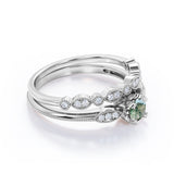 Classic Milgrain 1.50 Carat Round Cut Genuine Banded Moss Green Agate and Diamond Marquise Dot Art Deco band Bridal Set Rings