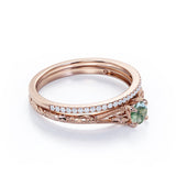 Dainty Solitaire 1.25 Carat Round Cut Genuine Dendritic Moss Agate with Diamond Pave Band Art Deco Wedding Ring Sets