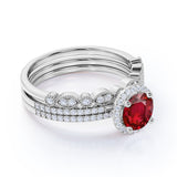 Antique Pave 2 ct Round Lab-Created Ruby Trio Wedding Set