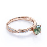 1.10 Carat Four Prong Setting Cathedral Round Shaped Opaque Milky White Moss Green Agate And Moissanite Semi Pave Infinity Twisted Shank Engagement Ring In 18K Rose Gold Plating Over Silver