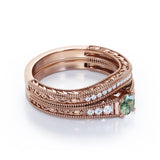 Antique Milgrain 0.8 carat Round Dendritic Moss Agate Stone and Moissanite Bridal Set in White Gold