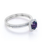Simple Four Prong 1.75 Carat Round Cut Created Alexandrite and Diamond Halo Pave Bridal Set Rings for Women
