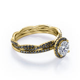 Pave Twisted Eternity 1.75 TCW Round Brilliant Cut Moissanite with Lab Created Black Diamond Halo-Style Wedding Ring Set in Rose Gold