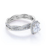Pave 2 Carat Cushion Cut Moissanite Halo Bridal Set