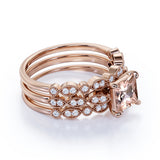 2 Carat Princess Cut Morganite and Moissanite Trio Wedding Ring Set in Rose Gold
