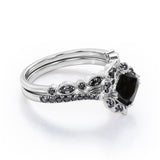 1.65 ct Cushion Lab Black Diamond Vintage Halo Bridal Set