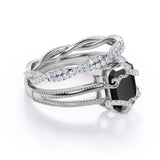 Artdeco scalloped 1.50 Carat Lab Black Diamond Wedding Ring Set for Women in Rose Gold