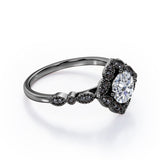 Milgrain Flower Cluster 1.5 TCW Round Brilliant Cut Moissanite with Lab Created Black Diamond Filigree Engagement Ring in White Gold