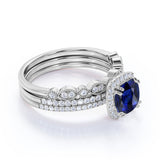 2 Ct Cushion Cut Lab Sapphire Art Deco Trio Set