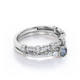 Vintage Milgrain 0.65 Carat Round Cut Genuine Salt and Pepper Diamond Three Stone Wedding Ring Set In White Gold