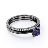 Plain Shank Solitaire 1.25 Carat Round Cut Simulated Alexandrite and Diamond Pave Bridal Set Rings