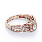 Extravaganza Milgrain Bordered - 1.45 Carat Round Brilliant Cut Moonstone and diamond - Halo Pave Channel Engagement Ring in White Gold