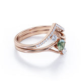 Three Stone Ring Twig-Inspired with 0.7 carat Round Moss Agate and Moissanite Wedding Ring Set in Rose Gold