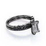 Milgrain Filigree - 1.55 TCW Emerald Cut Moissanite with Lab Created Black Diamond - Pave Accented Bridal Ring Set  in White Gold