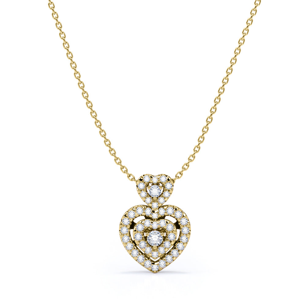 Trio Romantic Heart 1.10 carat Round Moissanite and Diamond Pendant with Necklace in 18k Rose Gold Over Silver