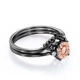 Artistic Petite Leaf 0.55 carat Hexagon Morganite and Moissanite Minimal Bridal Ring Set in Rose Gold