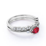 Vintage Milgrain Bezel Setting 1.50 Carat Pear Shape Lab Ruby and Art Deco Diamond Wedding Ring Set in White Gold