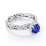 Classic Elegant Halo 2.25 Carat Round Cut Sapphire and Diamond Bridal Set with Infinity Band in White Gold