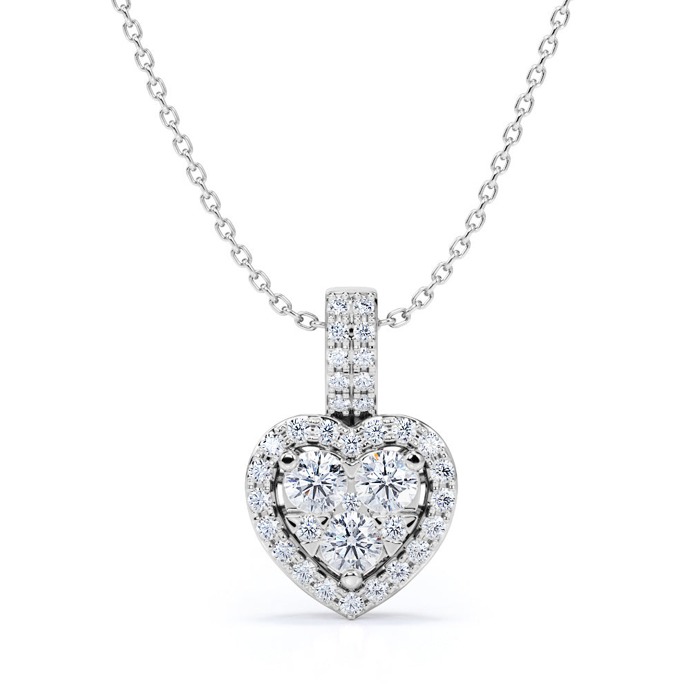 Three Stone 0.40 Carat Round Cut Moissanite and Diamond Heart Shaped Pendant Necklace In White Gold