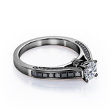 1.4 TCW Round Shape Moissanite with Lab Created Black Diamond - Pave and Channel - Cathedral Engagement Ring in White Gold