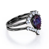 Tiara Design 1.40 Carat Pear Cut Lab Created  Alexandrite And Diamond Three Prong Unique Wedding Ring Set In White Gold