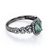 Twisted 1.45 Carat Oval Cut Green Moss Agate And Diamond Halo Engagement Ring In Black Gold