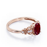 Swirly 0.5 carat Oval Lab Ruby and Diamonds Antique Engagement Ring in Rose Gold