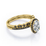 1.65 TCW Oval Cut Moissanite with Lab Created Black Diamond - Milgrain Filigree - Scalloped Pave Bridal Ring Set in White Gold