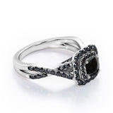Rounded Square Double Halo -  1.55 TCW Princess Cut Lab Created Black Diamond - Infinity Pave Engagement Ring in White Gold