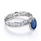 Eternity Bezel Set 1.50 Carat Oval Cut Sapphire and Diamond Micro Pave Wedding Ring Set with Art Deco Band in White Gold