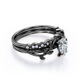 1.25 Carat Pear Cut Moissanite And Diamond Vintage Milgrain Wedding Ring Set In White Gold