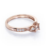 Double Curved Line Milgrain 0.55 carat Princess Morganite and Moissanite Dainty Engagement Ring in Rose Gold