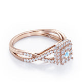 Pave Crossover - 1.25 Carat Round Cut Moonstone and diamond - Flush Cluster Halo Engagement Ring in White Gold