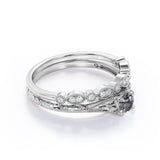 Antique Intricate Leaf Design 1.50 Carat Round Solid Dendritic Black Rutilated Quartz and Diamond Filigree Art Deco Band Wedding Ring Sets - Bridal Set Rings