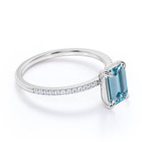 Four Prong 1.25 Carat Emerald Cut Aquamarine and Moissanite Engagement Ring in 18k White Gold over Silver
