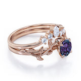 Nature Inspired 1.20 Carat Round Cut Lab Created Alexandrite And Diamond Leaf Vine Art Wedding Ring Set In White Gold For Her