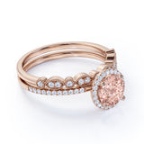 Vintage 1.75 ct Round Morganite Halo Wedding Ring Set